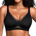 Cuteio Wireless Bras for Women No Underwire, Seamless V Neck Mesh Bralette with Support, Everyday Full Coverage Comfortable Bra Black XL