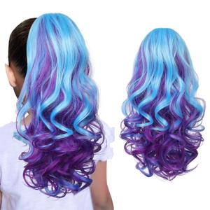 SEIKEA Ponytail Extension, 18" Lightweight Wavy Curly Clip in Pony Tails, Colored Hair Extensions for Kids, Crazy Hair Day Accessories for Girls Synthetic Hairpiece Blue Purple