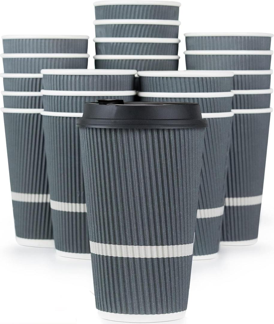 Disposable Coffee Cups With Lids - 16 oz To Go Coffee Cup (70 Pack). Large Travel Cups Hold Shape With Hot and Cold Drinks, No Leaks! Insulated Ripple Cups Protect Hands, No Sleeves needed (Dusk Grey)