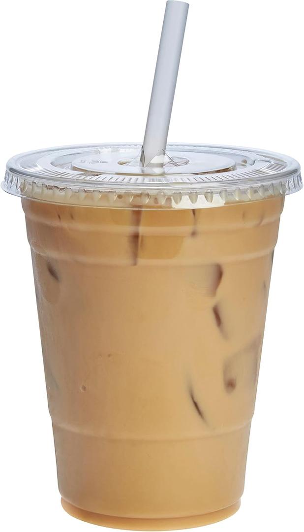 GUSTO Clear Plastic Cups with Flat Lids [16 oz - 50 Count] - Disposable Iced Coffee Cups with Lids - PET Plastic Cold Cups for Smoothies, Juices & To-Go Drinks - Formerly Comfy Package