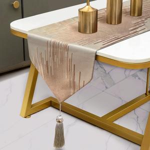 Champagne 120 Inches Long Table Runner Gorgeous Embroidery Vintage Thick Fabric Abstract Striped Table Runners for Home Living Room Bedroom Dinner Room Art Decor Holiday (13" X 120")