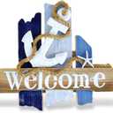 CoTa Global Atlantic Anchor Welcome Nautical Decor Sign - Nautical Themed Wood Sign, Beach Decor for Wall, Novelty White and Blue Starfish and Anchor Wooden Figure, Coastal Wall Decor Sign Accent