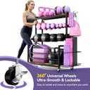 Dumbbell Rack with Wheels, 3-Tier Home Gym Storage Rack, Workout Equipment Organizer with Lockable Casters, Hooks, Side Basket and Wood Shelves