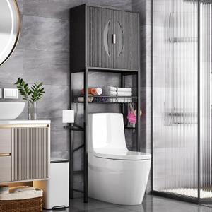 Kalrin Over The Toilet Storage Cabinet with Fluted Wave Doors and Adjustable Shelf, Wood Over Toilet Storage Rack with Drain Basket, Freestanding Bathroom Organizer for Balcony Laundry, Pure Black, 23.62" W x 66.54" H x 9.45" D