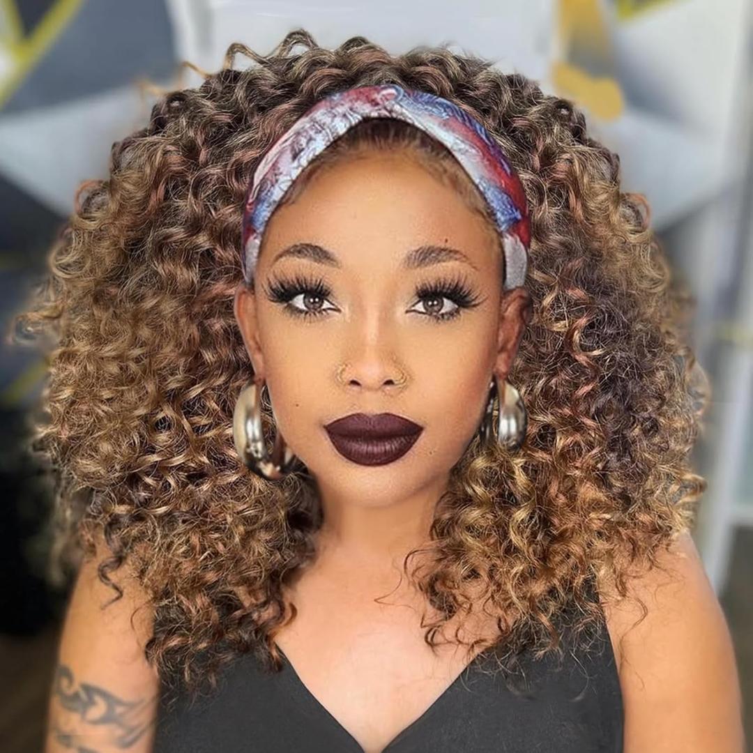 Aisaide Blonde Curly Headband Wig 12 Inch Kinky Ombre Brown Mixd Blonde Highlighted Headband Wigs for Women Short Glueless No Lace Deep Curly Half Hair Wigs
