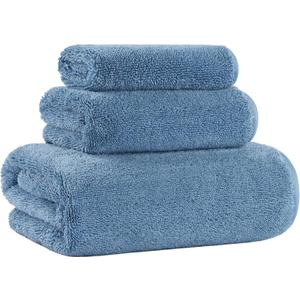 MICROFI Ring Spun Terry Microfiber Bath Towel Set, 3 Piece, Oversize, Quick Dry, Lint Free, Includes Bath, face, and Hand Towels (Blue)