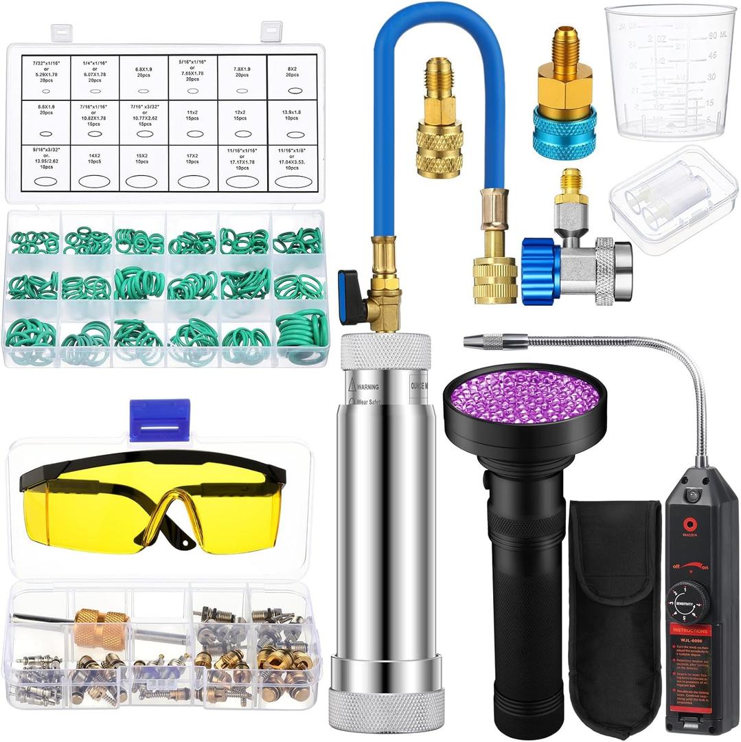 Tellegloww AC Leak Detector Kit, R1234yf R134a R410a AC Oil UV Dye Injector Kit Refrigerant Leak Detector Tool Low Side Quick Coupler Mini Split Adapter Glasses Flashlight