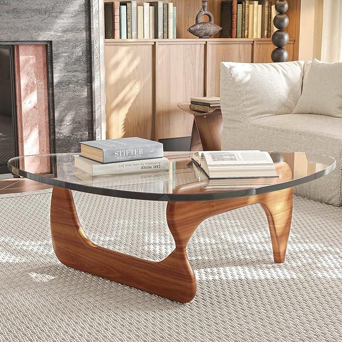 Glass Triangle Coffee Table with Tempered Top & Wood Legs, Modern Mid Century for Living Room, Rustic Brown Walnut Center