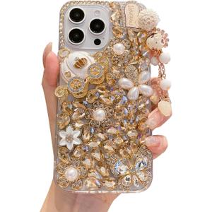 iFiLOVE for iPhone 13 Pro Max Bling Diamond Case, 3D Luxury Sparkle Glitter Crystal Rhinestone Butterfly Flower Pendant Charm Case Cover for Girls Women Kids (Champagne)