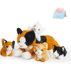 Houwsbaby 5-Piece Cat Plush Toy Set - Mommy Cat with 4 Kittens, Kitty Surprise, Parent-Child Stuffed Animals for Kids, 17''