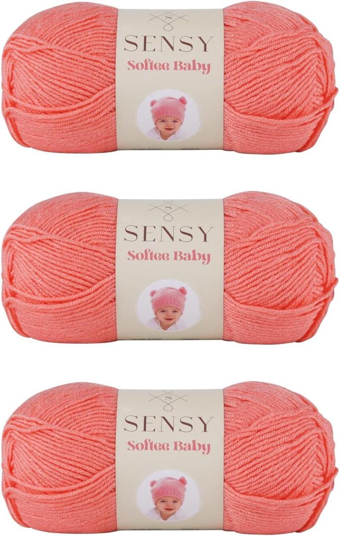 3 Skeins of Sensy Softee Baby Yarn, 3.5 oz, 275 Yards, Gauge 3 Light (Salmon)