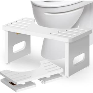 Foldable Toilet Stool, Bamboo Toilet Stool Squat Adults, 7 Inches Poop Stool for Bathroom, Collapsible Potty Step Stool with Non-Slip Strip, Space-Saving, No Assembly (White)