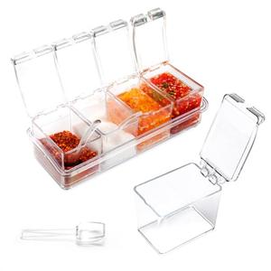 PNDID Clear Seasoning Box, 4 Piece Seasoning Rack Spice Pots, Plastic Storage Container Condiment Jars with Lids and Spoon, Storage Container Spice Jar for Salt Sugar Tea Herbal Coffee Beans 2 Pack