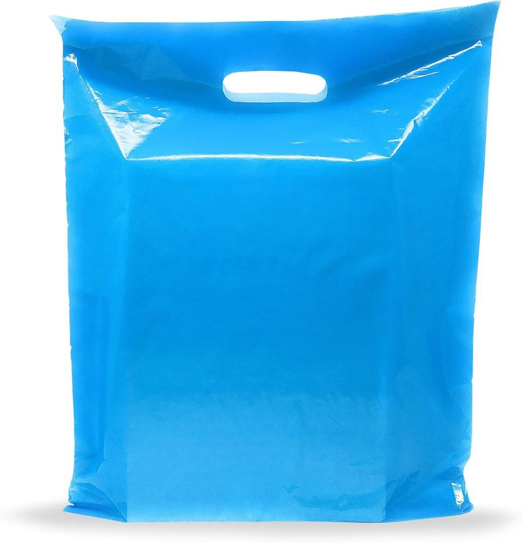 Blue Merchandise Plastic Shopping Bags - 100 Pack 9" x 12" with 1.5 mil Thick - Die Cut Handles - Perfect for Retail, Party Favors, Birthdays, Goodie Bags - Color Blue - Recyclable