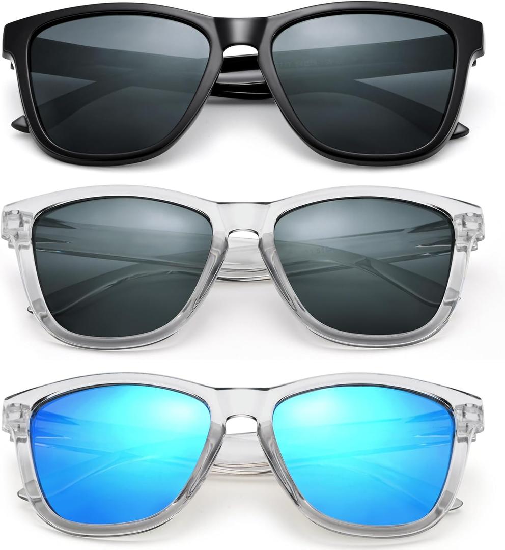 AZorb Polarized Sunglasses for Women Men, Trendy Classic Retro Square Designer Sunglasses with UV Protection (Black/Grey + Clear Grey/Grey + Clear/Blue)