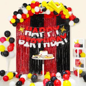 YIIHMEI Cartoon Monster Red Black Yellow White Birthday Party Decorations, Balloons Garland Arch Kit Supplies, Curtains Backdrop with Anime Theme Style Banner Letters Signs for Boy's