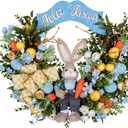 24" Large Easter Wreath for Front Door with Cute Rabbit Carrot Eggs Flowers Bow Sign, Farmhouse Spirng Easter Decoration for Home Porch Wall Mantel Window Outdoor Indoor Decor
