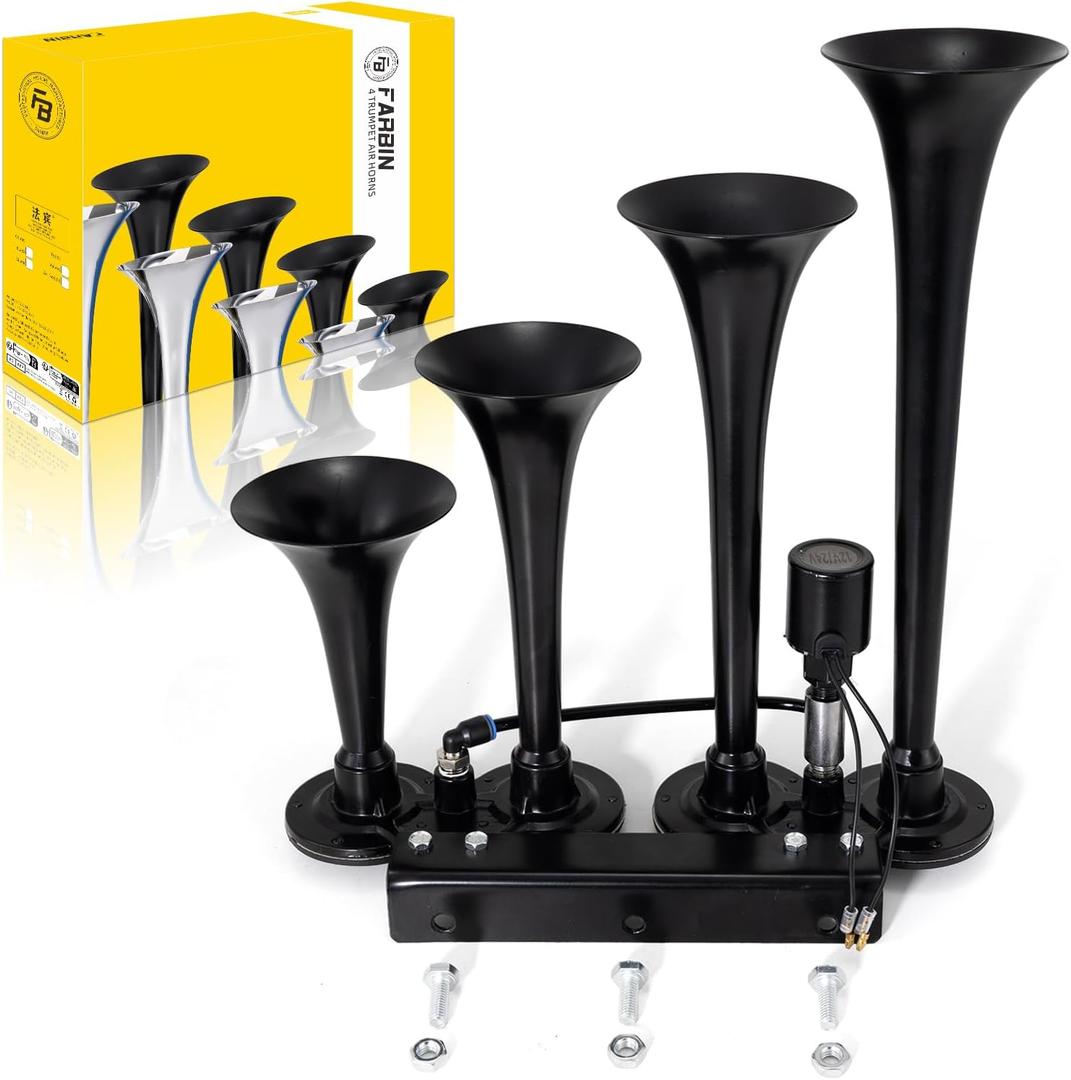 FARBIN 4 Trumpet Air Horn 12/24V Train Horn 178DB Truck Air Horn Super Loud Air horn with Electric Solenoid Universal for Train Truck SUV Boat Metal Black(black Parallel 4-tube 12/24V)