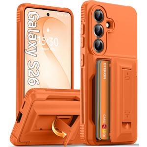 Oterkin for Samsung Galaxy S26 Case with Card Holder & Stand, Orange 6.3" | Holds 4-5 Cards, RFID Blocking Wallet, Full Camera Protection, Military Grade Shockproof Phone Case for Samsung S26 6.3"