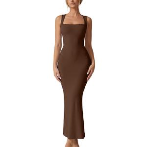 QINSEN Women's Square Neck with Lace Detail Long Maxi Dress Sleeveless Lounge Ribbed Full Length Dresses (Medium, Brown)