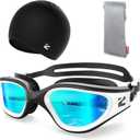 ZIONOR G1 Lite Swim Goggles with Swim Cap Comfortable Anti-fog Swimming Goggles Cap Set for Adult Men Women (One Size, A0(white-gold+c5 Black))