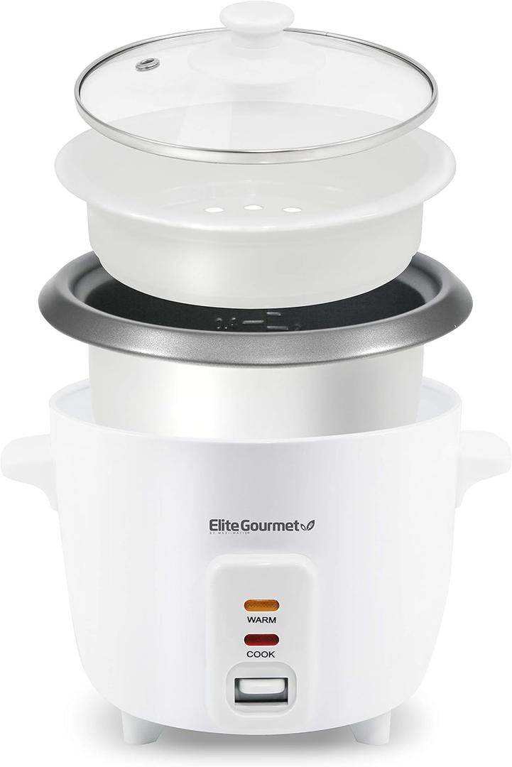 Elite Gourmet ERC003NSTX Rice Cooker & Food Steamer, Non-Stick Pot, White