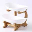 Fruit Bowl for Kitchen Counter - 2 Tier Ceramic Serving Bowls with Bamboo Stand, Tiered Fruit Basket for Fruit Vegetable Storage, Snack, Nuts, Cake, Dessert, Small & Cute (White)