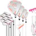 PGM Rio Ladies Womens Complete Right Handed Golf Clubs Set Includes Titanium Driver, S.S. Fairway, S.S. Hybrid, S.S. 6-9, PW/SW Irons, Putter, Stand Bag, 5 Headcover LTG038, Standard Ladies