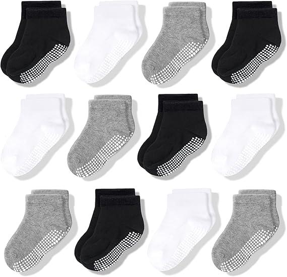 CozyWay Toddler Socks With Grippers Non Slip Low Cut Grip Socks for Girls and Boys Soft Comfy Cotton - 12 Pack (3-5T)