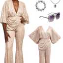 70s Disco Outfit Woman Sequin Jumpsuit Costume Outfits V-Neck for Women with Disco Ball Accessories (Gold, M)