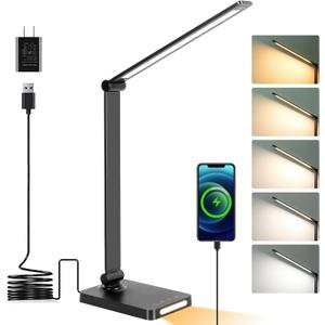 LED Desk Lamp with USB Ports,Touch Desk Lamps for Home Office with 5 Color Modes,3 Brightness Desk Light with Small Night Light,Reading Lamp Table Lamp for Bedroom Bedside Study Black with adapter