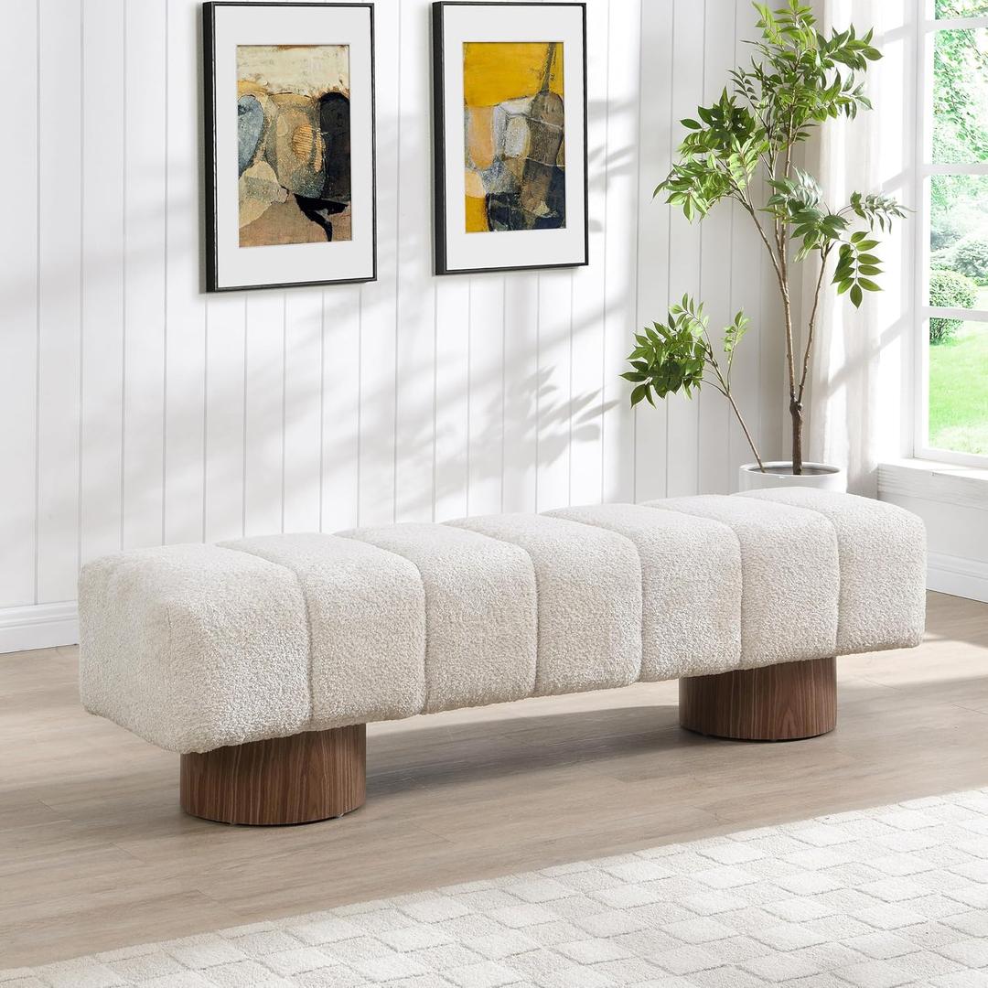Christopher Knight Home Manila 64" Boucle Dining Bench, Upholstered Ottoman Bench, Rectangular Dining Seat, Spacious Seating, Long Footstool for Living Room Dining Room, No Assembly Needed, Beige