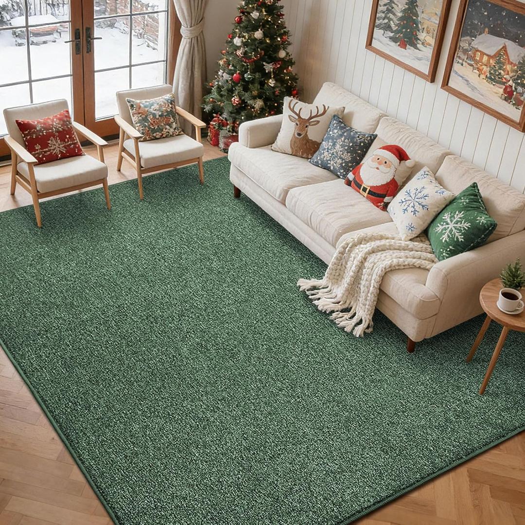 FinRec 5x7 Washable Area Rugs for Bedroom Living Room, Low Pile Thin Rug Solid Color, Non-Slip Carpet Indoor for Home Decor (Green)