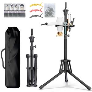 Wig Head Stand Adjustable Height - Upgrade Wig Tripod Stand with Reinforced Tool Tray , Foldable Mannequin Head Stand for Beauty and Hairdressing Styling Training (Additional 1 Free Accessory) (Black)