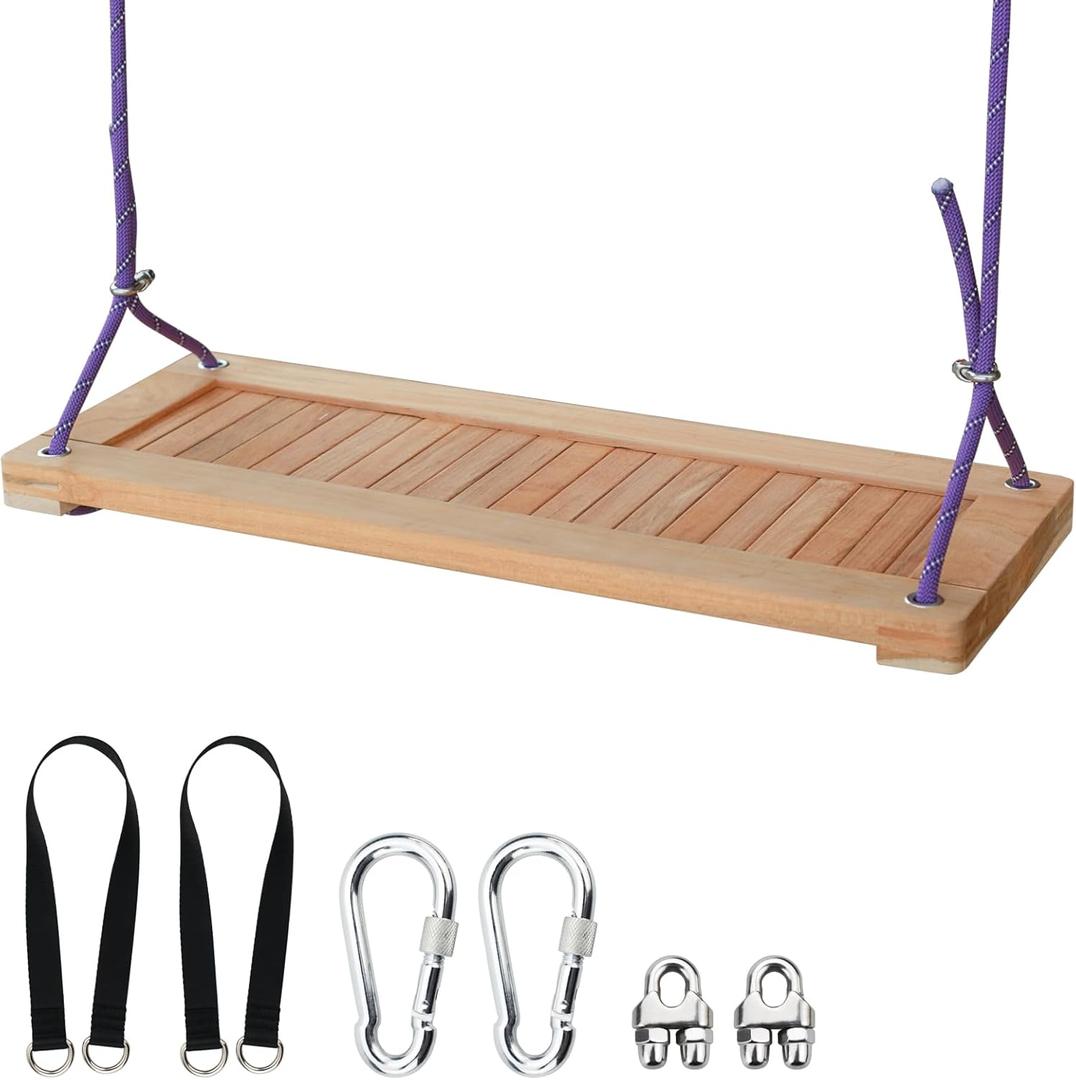 Teak Wooden Swing, Outdoor Wood Tree Swing Seat for Kids or Adults for Backyard Columpio, Height Adjustable (23.8x9inch)