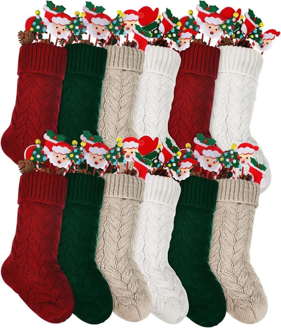 12 Pieces Christmas Stockings 14.5 Inch Cable Knitted Xmas Stockings Christmas Stockings Hanging Xmas Stockings for Christmas Fireplace Office Holiday Decoration (Red, White, Linen, Dark Green)