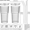 2 Pack Iced Coffee Cup with Lids, 20oz Clear Glass Tumbler with Straw & Lid, Ribbed Glassware Cups, Dishwasher Safe Drinking Glasses, Stylish Glass Cups for Coffee, Juice, Tea, Matcha