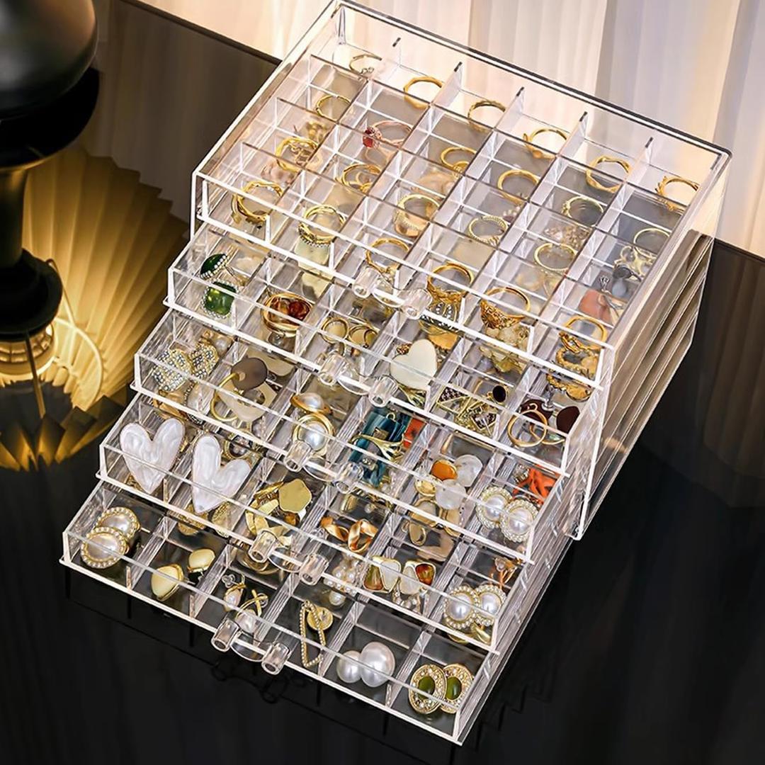 SPAKOWN Earring Organizer, Acrylic Jewelry Holder Organizer with 5 Drawers Stackable Earring Storage Case Jewelry Boxes for Women (Clear)