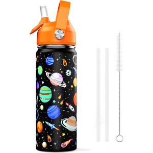 18oz Kids Insulated Water Bottle with Straw Lid - 18/8 Stainless Steel Kid Cup BPA-FREE Travel Tumbler Double Wall Vacuum Leak Proof Portable Toddler Water Bottle (Space)