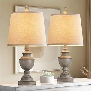 PARTPHONER Retro Table Lamps Set of 2, Bedside Lamp for Bedroom Rustic Farmhouse Table Lamps for Living Room, 22" Vintage Nightstand Lamps with White Shades, Antique Grey