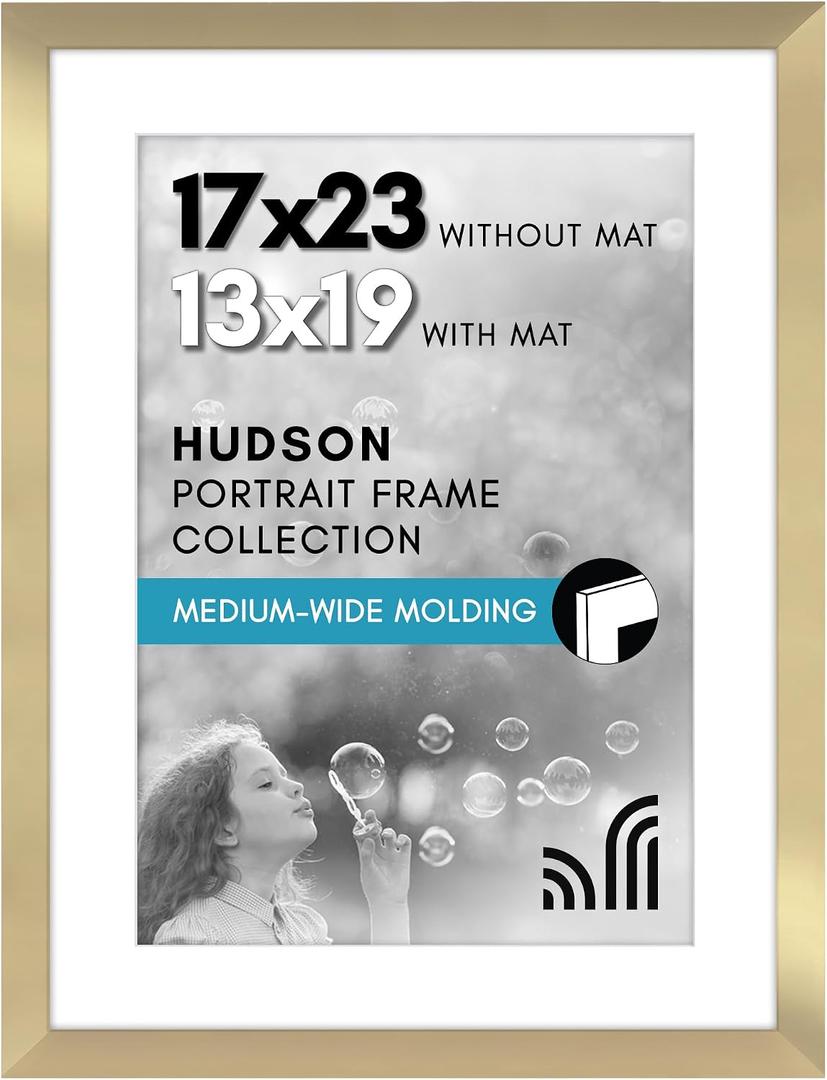 Americanflat 17x23 Picture Frame with Polished Plexiglass - Use as 13x19 Frame with Mat or Display 17x23 Photo Without Mat - Hudson Collection - Wide Picture Frames for Wall Display - Gold