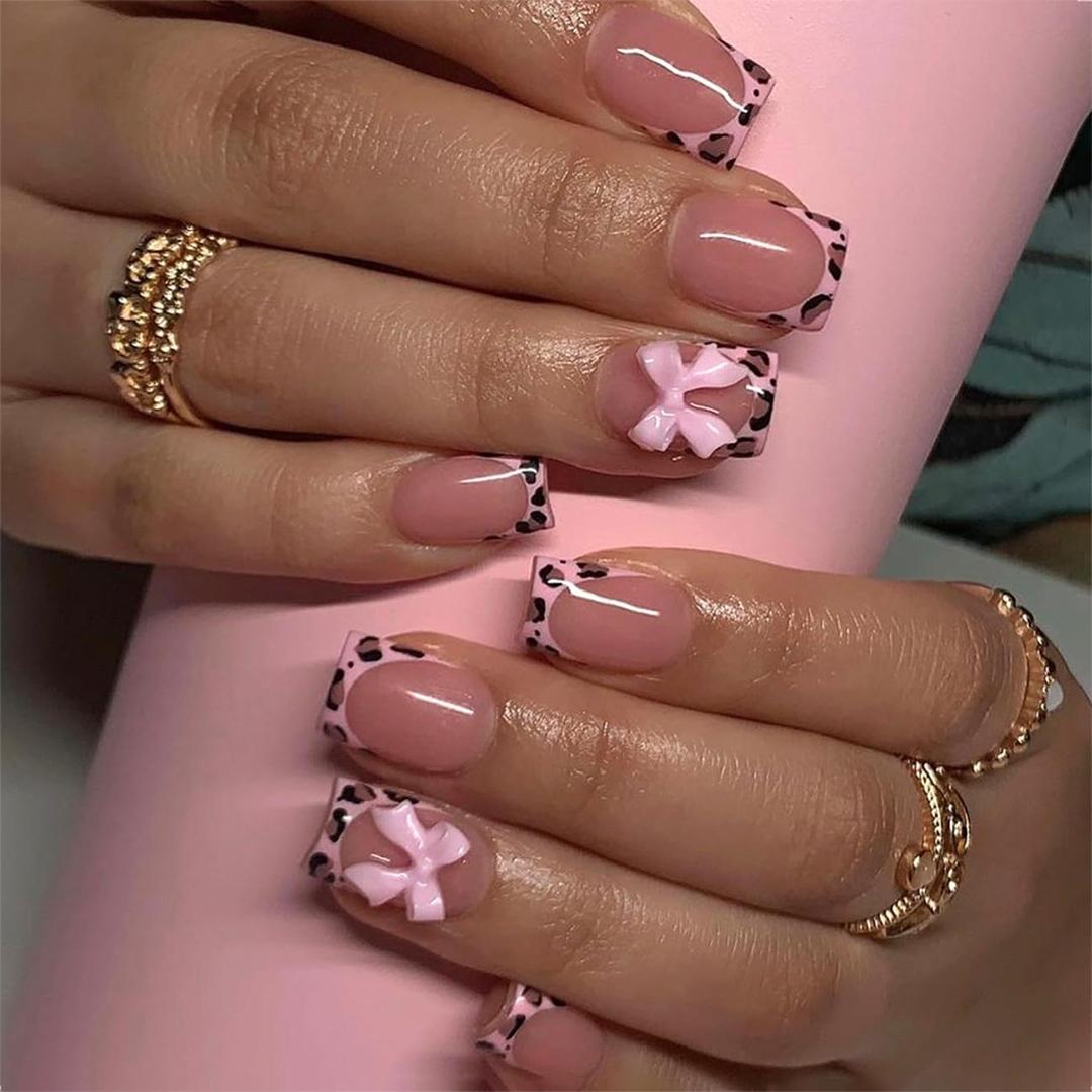 24Pcs Leopard French Tip Press on Nails Short Square Fake Nails Pink Glossy Bow Designs Full Cover Nude Glue on Nails Cute False Nail Stick on Nail for Women Girls Medium Manicure Decorations 24Pcs Leopard French Tip Press on Nails Short Square Fake Nails Pink Glossy Bow Designs Full Cover Nude Glue on Nails Cute False Nail Stick on Nail for Women Girls Medium Manicure Decorations