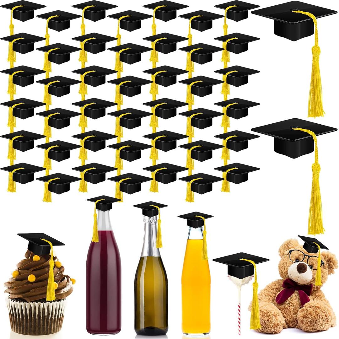 Qunclay 60 Pieces Mini Graduation Cap Hats Plastic Grad Cake Supplies Cover Toppers for Graduation Party Decorations (Black, Gold)