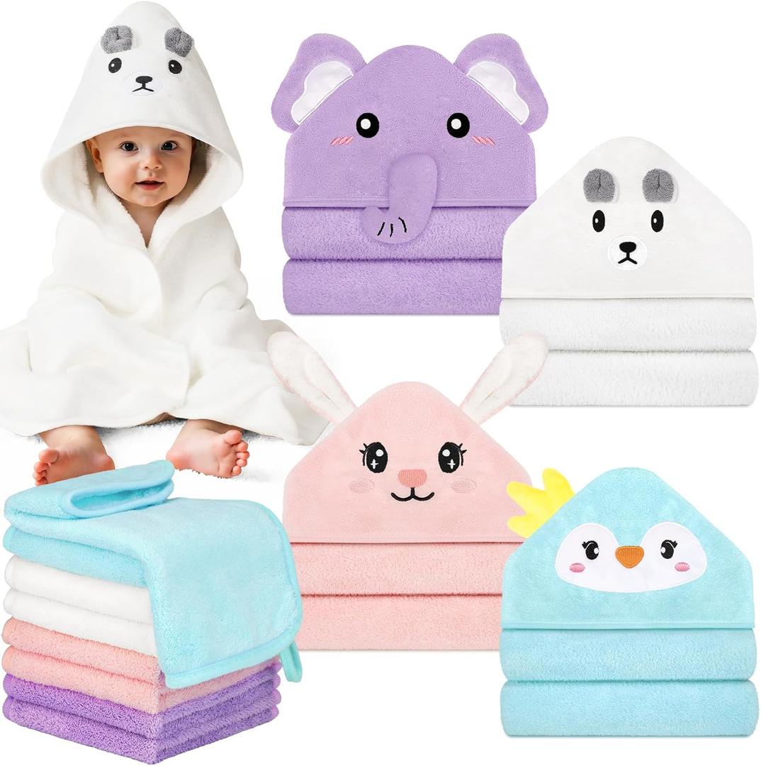 CandyHome 12 PCS Baby Bath Towels Set for Infants Toddlers, 4 PCS Animal Hooded Baby Towels & 8 PCS Washcloths Set, Ultra Absorbent Soft Cute Newborn Bath Essentials Gifts for Boys & Girls (Purple, Pink, Blue, White)