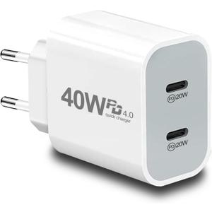 European USB C Charger, 40W PD4.0 European Travel Plug Adapter Dual Type C Fast Charger USA to Europe Plug Adapter for iPhone 17 16 15 14 13 12 11 Plus Pro Max X 8, Galaxy, Android