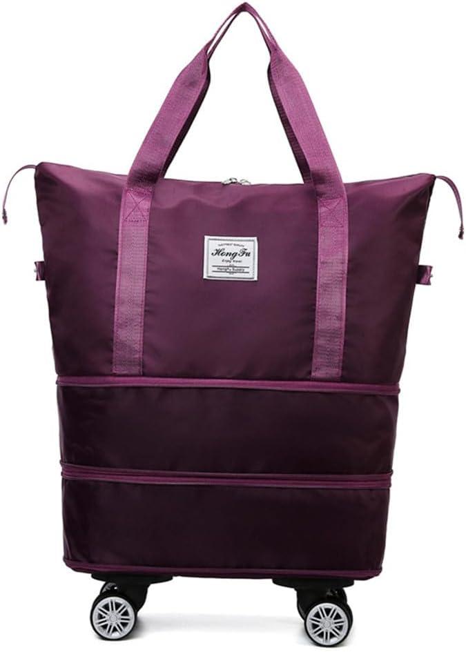 Travel Tote Bag with Trolley Sleeve Expandable Extra Duffel Bag with Wheels Lightweight Traveling Foldable Suitcase (Purplish Red)