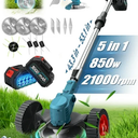 RELOIVE Electric Weed Wacker, Cordless Weed Eater with 2PCS 3000mAh Batteries and Charger, 5-in-1 Lawn Mower with Wheels, 43.3''-53.1'' Adjustable Grass Trimmer, Edger Lawn Tool for Garden Yard