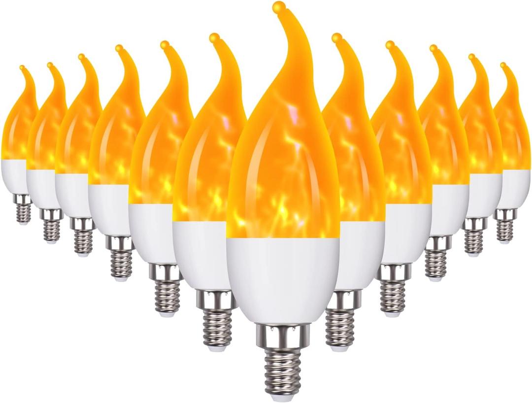 E12 Flame Bulbs 12 Pack, 3 Mode LED Candelabra Flame Light Bulb 2.0 Watt Warm White Chandelier Flame Bulbs,1800k Candle Light Bulbs, Flame Tip for Christmas Party Decorations