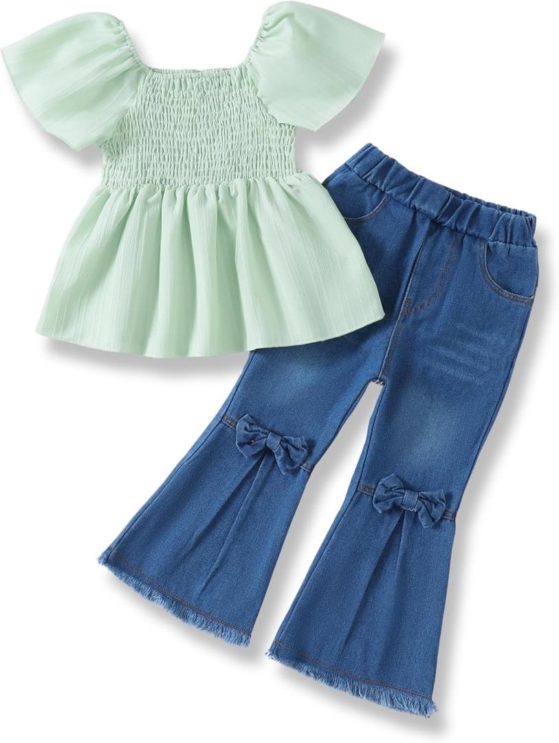 XUANHAO Toddler Girls Clothes Puff Sleeve Smocked Shirt Flare Jeans Pant Outfits for Girl Bell Bottom Kids Girls Clothing Set