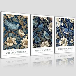 3 Pcs William Morris Canvas Wall Art Vintage Bluebird and Flowers Style Poster Print Home Decor Paintings for Bedroom Living Room Office Bathroom 12x16 Inch Ready to Hang (Cuckoo)